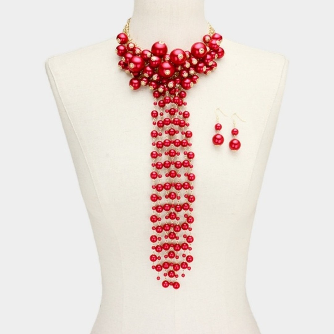 Gold Red Pearl Vine Fringe Tie Dangle Strand Necklace Earrings Fashion Statement