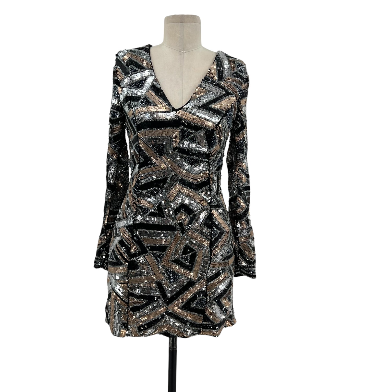 X by NBD Gloria Dress Sequin Mini Bodycon Long Sleeve Silver Black Size 0