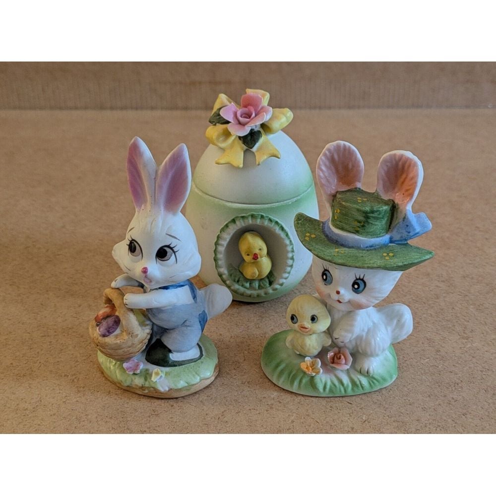 Vintage Lefton Easter Set Chick Egg Trinket Box Rabbit Bunny Figurines