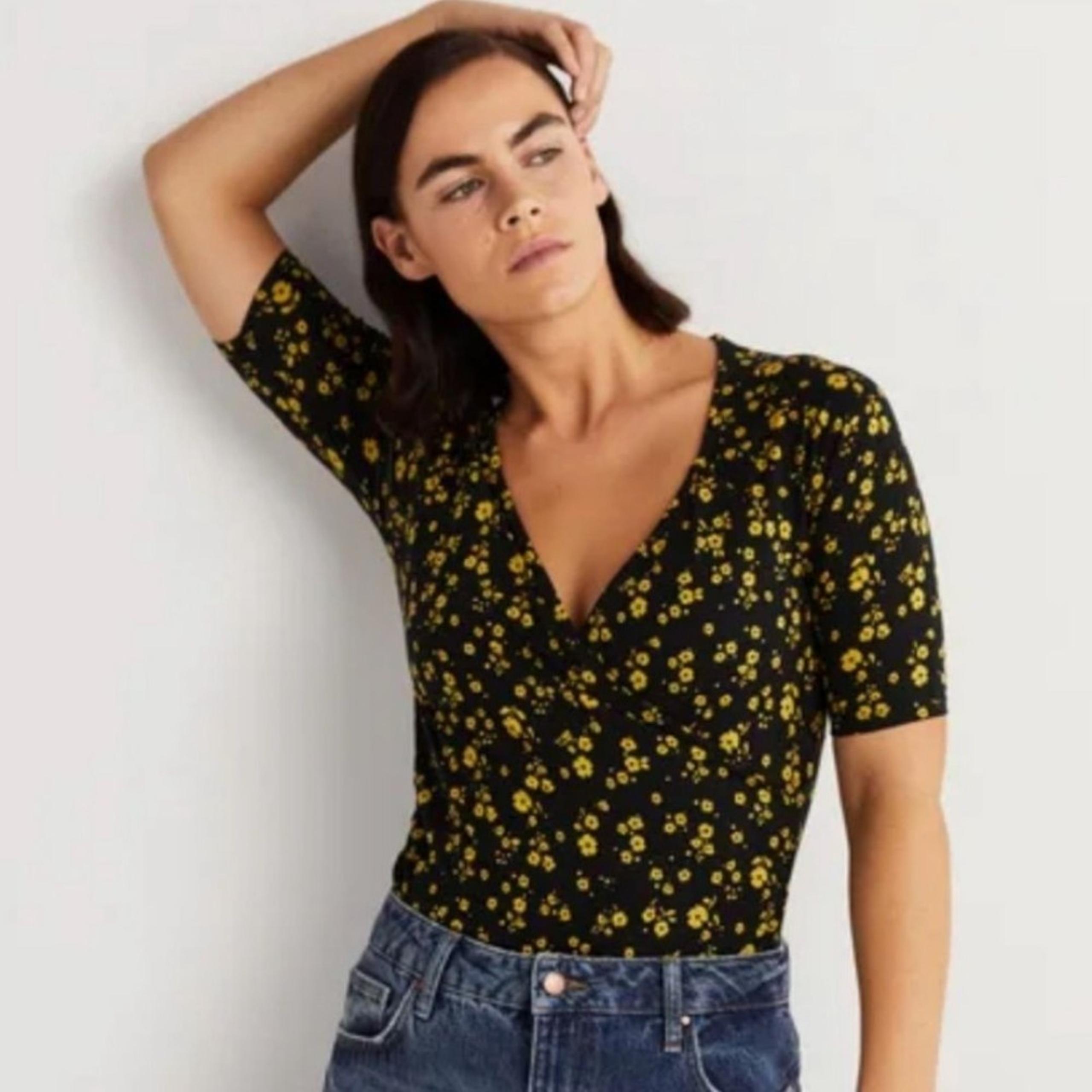 Boden Wrap Shirt Knit Top Women’s 10 Medium Black Yellow Floral Ruched