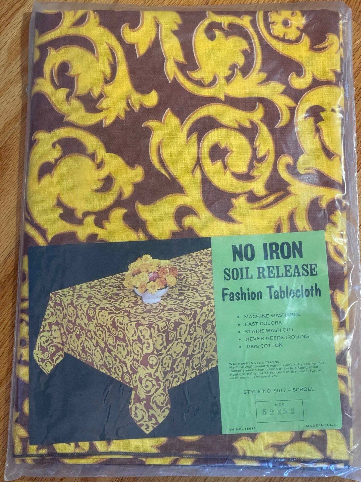 NOS sealed all cotton tablecloth-burgundy and gold scroll 52” x52” square no iro