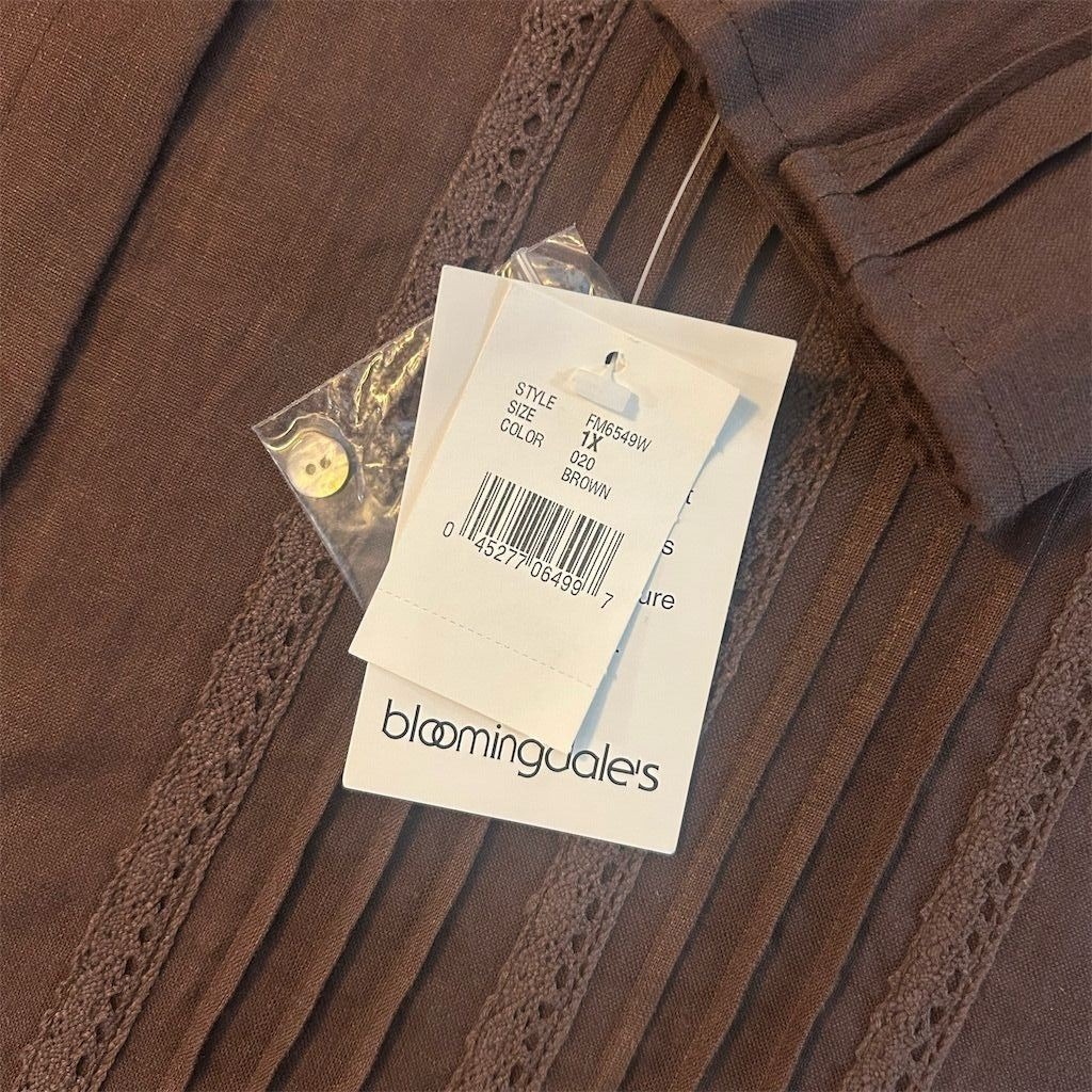 Vtg NWT NOS Bloomingdales Women's 1X 100% Linen Brown Long Sleeve Button Up Top