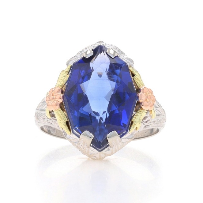White Gold Lab-Created Sapphire Art Deco Cocktail Solitaire Ring 10k Marq LX1600