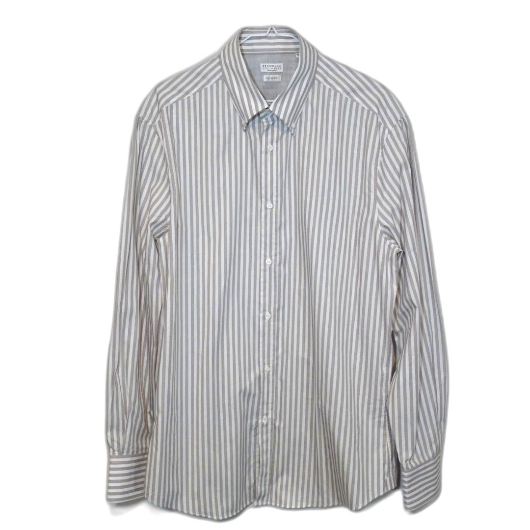 Brunello Cucinelli Slim Fit Striped Button Down Shirt - Taupe/Gray Stripe XL