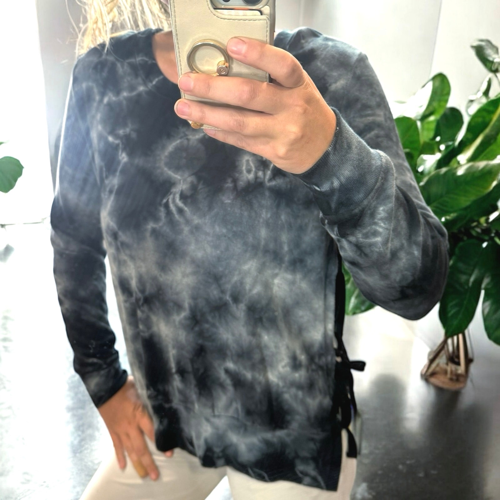 PAM & GELA Side Split Black Gray Tie Dye Sweatshirt Size Medium