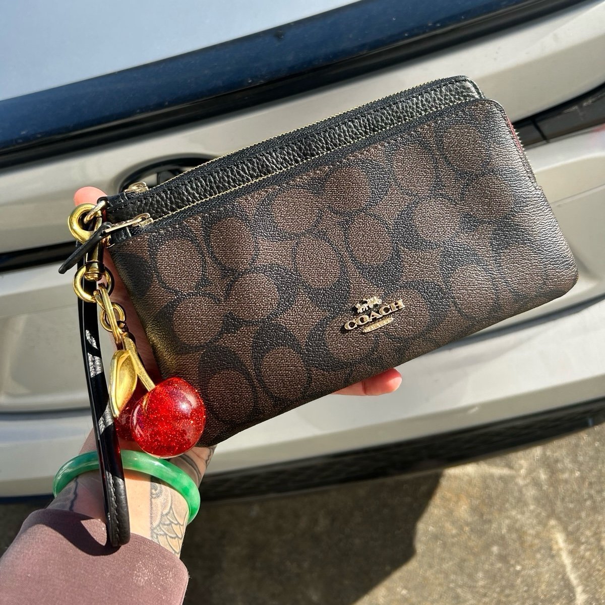 ❤️ Coach Double Zip Wristlet Wallet Signature Canvas CU920 Brown Black