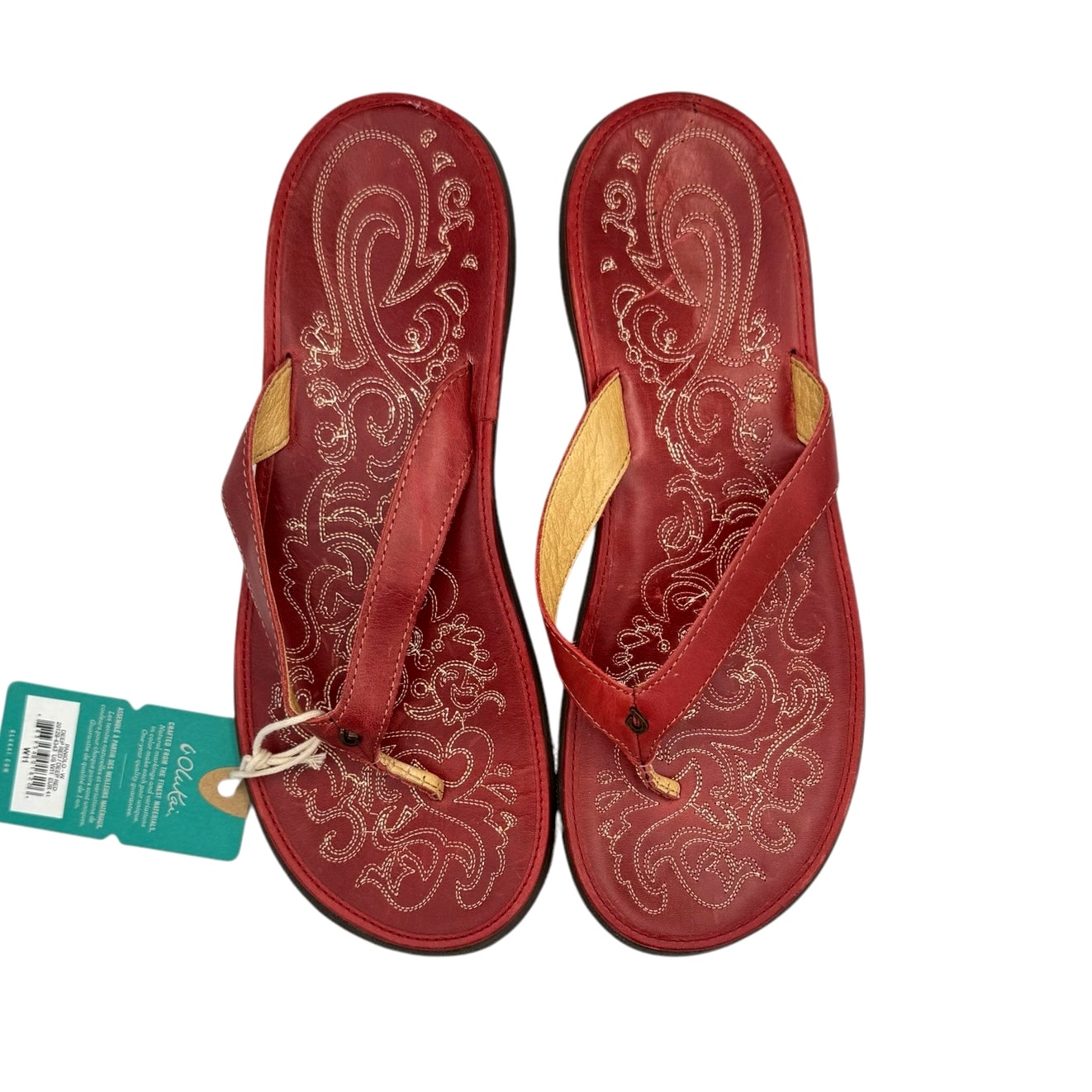 Olukai NEW Paniolo Women's Deep Red Premium Leather Stitched Thong Sandals