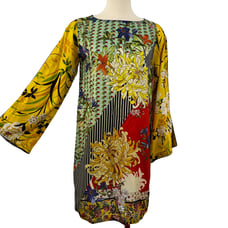 Johnny Was Silk Printed Shift Mini Dress Tunic Coverup Long Sleeve Sheer XS