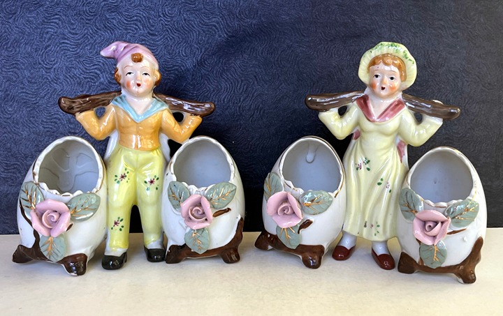 Pair Vintage Porcelain Vase Double Egg Cracked Egg Planter Vase Floral Design