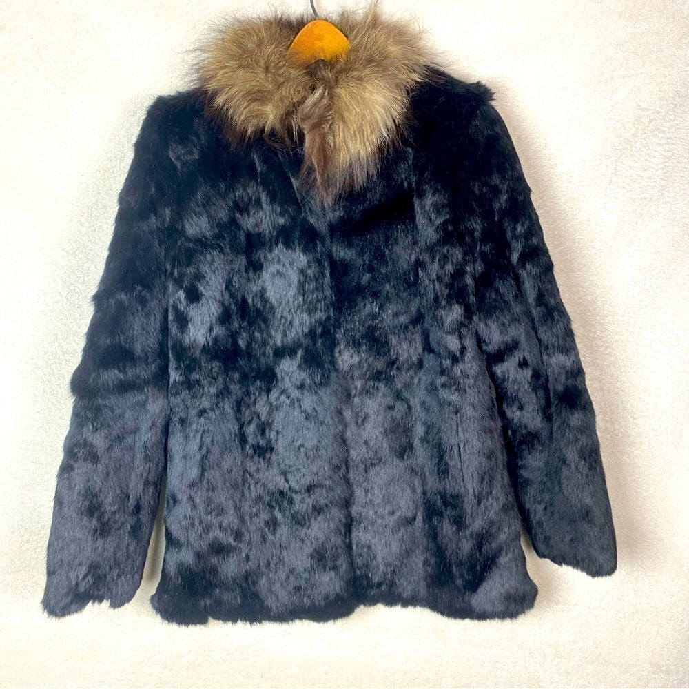 Flawed Vintage Black Rabbit Fur Coat With Fox Tail Collar Size S Mob Wife