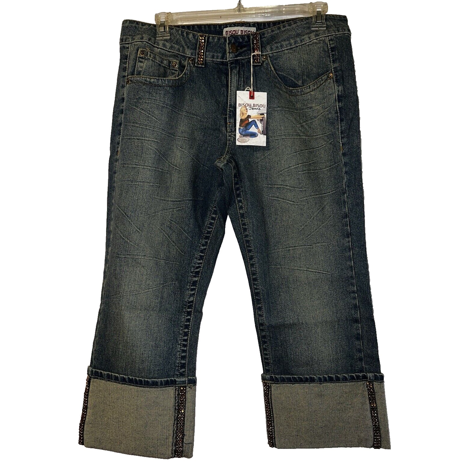 New BISOU BISOU Jeans Women's Size 16 Blue Rhinestone Gems Cuffed Leg Denim Jean