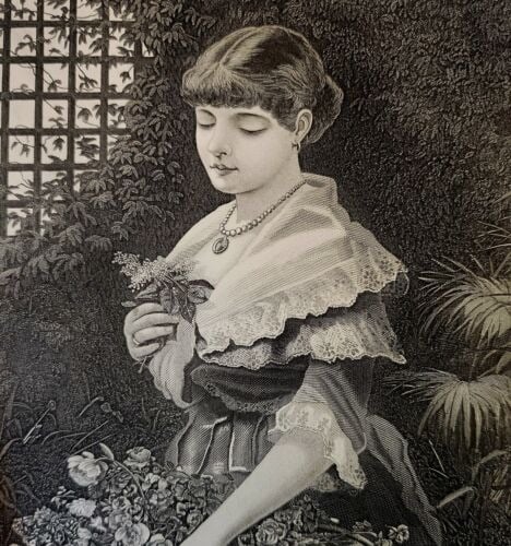 In The Garden Steel Engraving 1889 Victorian Beautiful Woman Flowers DWNN1