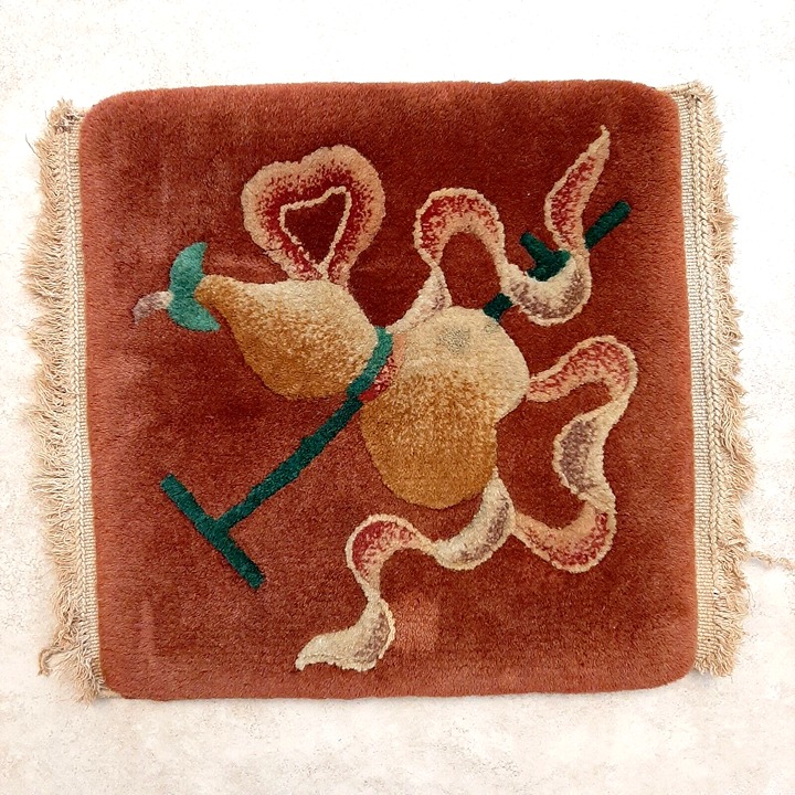 Hand Knotted Wool Mini Rug Oriental Chinese Symbols Orange Color with Fringe