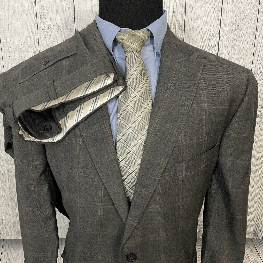 Peter Millar 46S - W38 x L28 Brown Glen Check 100% Wool 2-Piece Suit