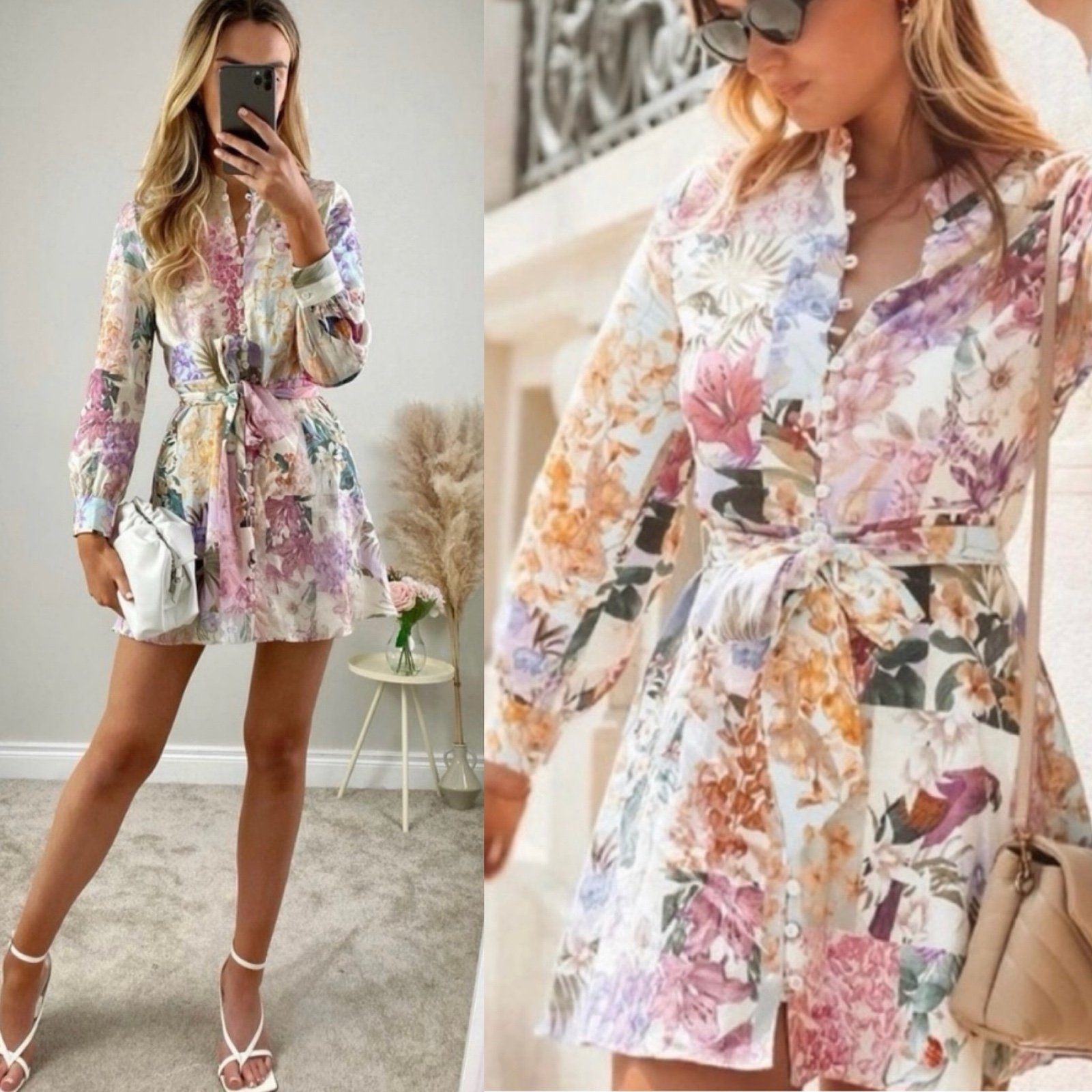 Zara Bloggers Favorite Floral Parrot Linen Blend Button Up Belted Dress Size M