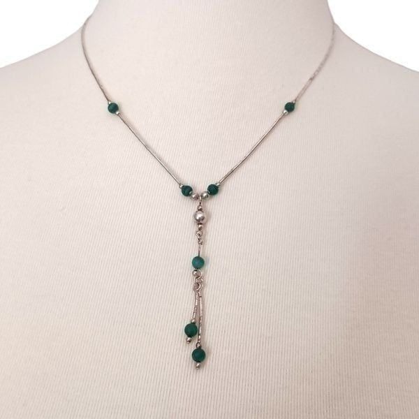 Sterling Liquid Silver Necklace Lariat Y Drop Green Stone Beads Western Vintage.