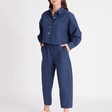 Navy blue linen blend cropped button-up shirt