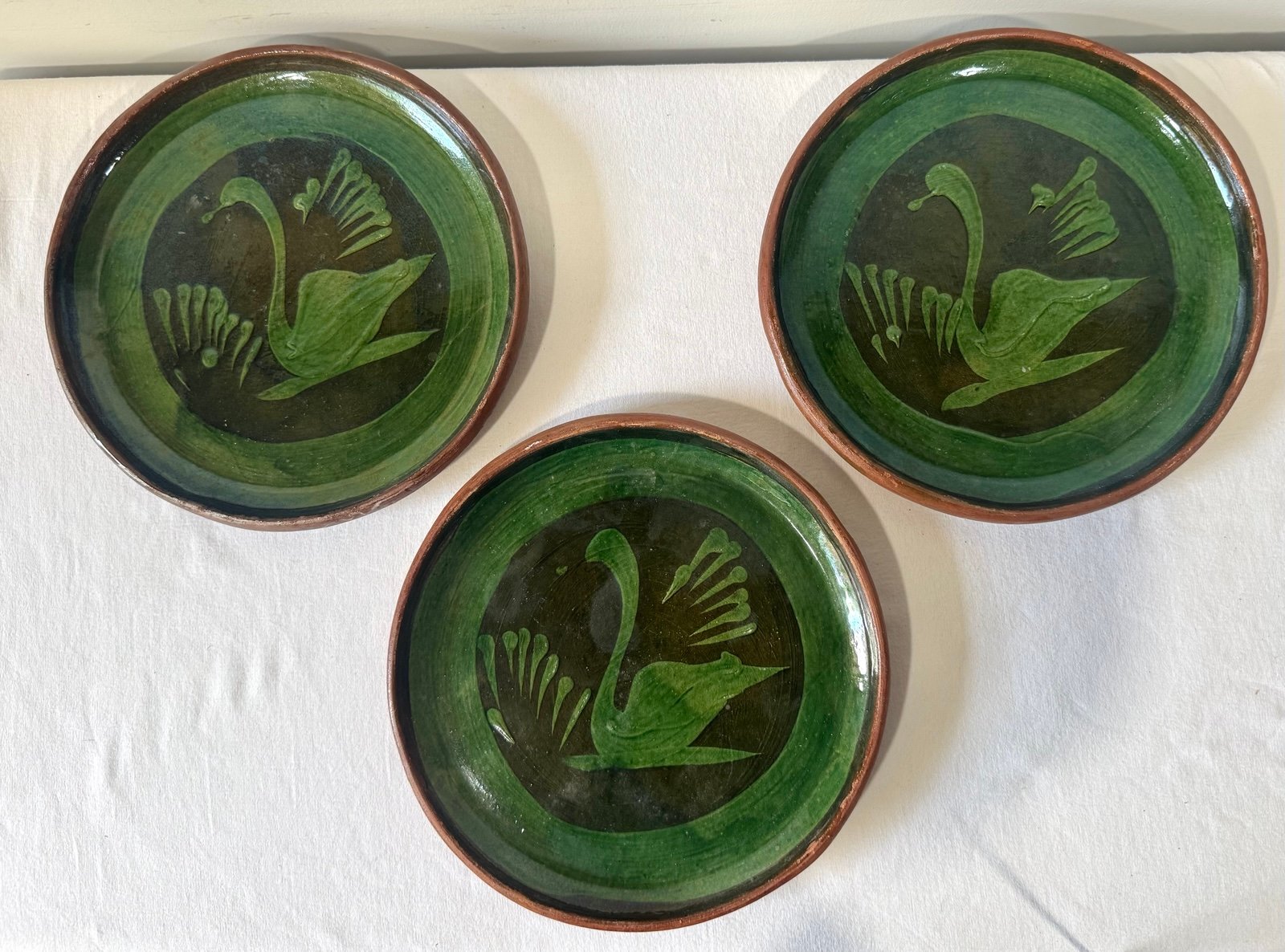 3 Vintage Mexican Michoacan Patamban Green Redware Swan Plate