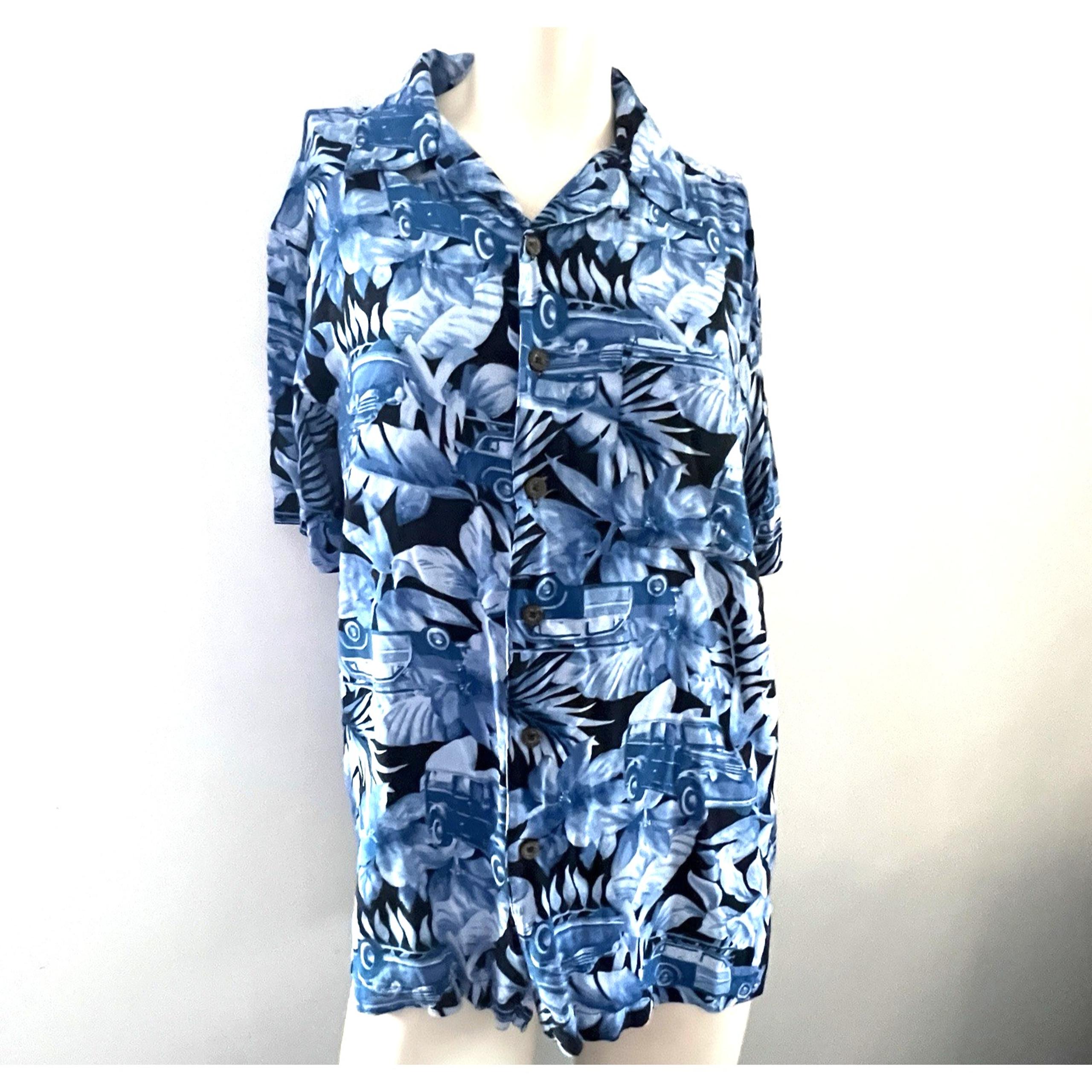 Panama Jack Mens Shirt M Aloha Hawaiian Woody Wagon Blue Casual Vacation Cruise