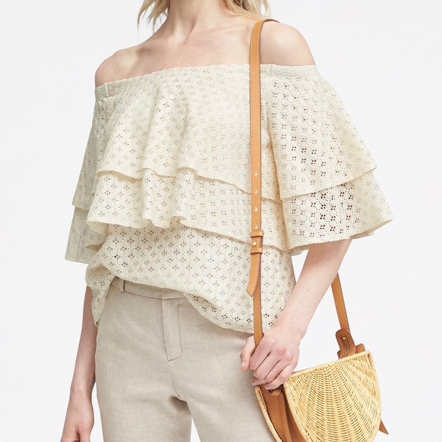 Banana republic Cream lace ruffle off shoulder blouse