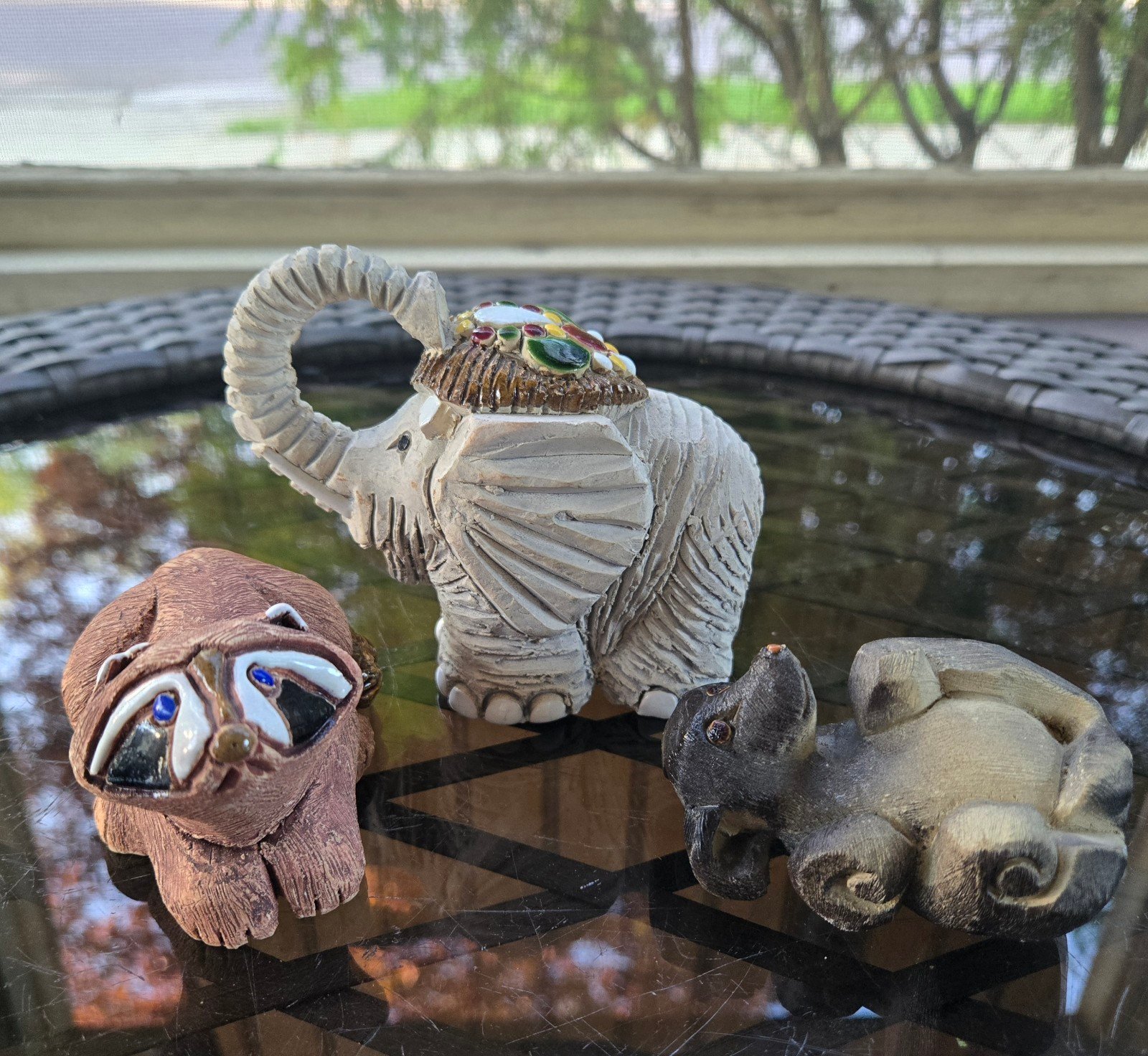 Lot of 3 Artesania Rinconada Figurines Elephant, Raccoon, Fox Terrier Dog