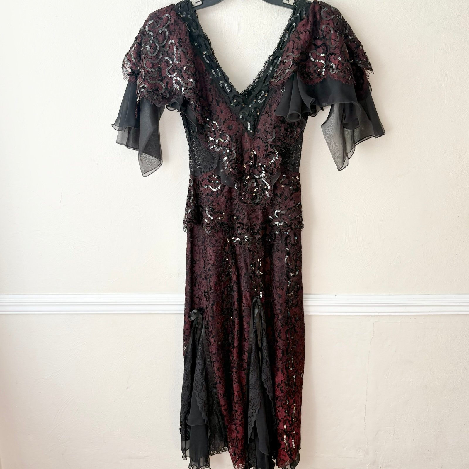 Vintage Janine of London Black Burgundy Lace Sequin Dress