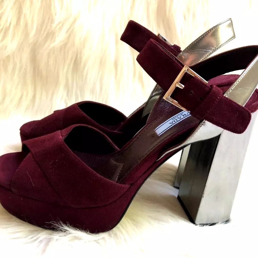 Prada Vine/Silver Suede Platform Chunky Heel Sandals Size EU37.5/US 7