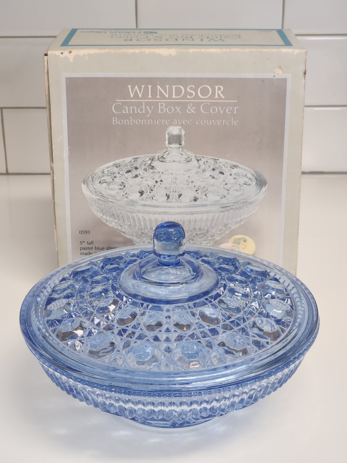Vintage Indiana Glass Blue Windsor Round Candy Box & Cover with Original Box