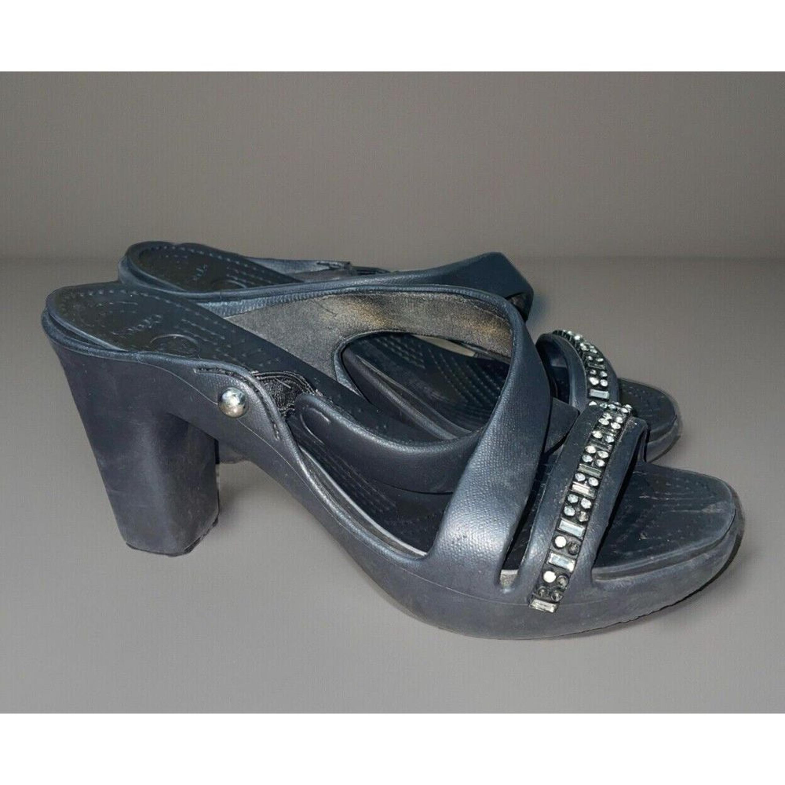PFR Crocs Cyprus IV ✨Black Rhinestone Heels Platform Sandals Women's Size 7 RARE