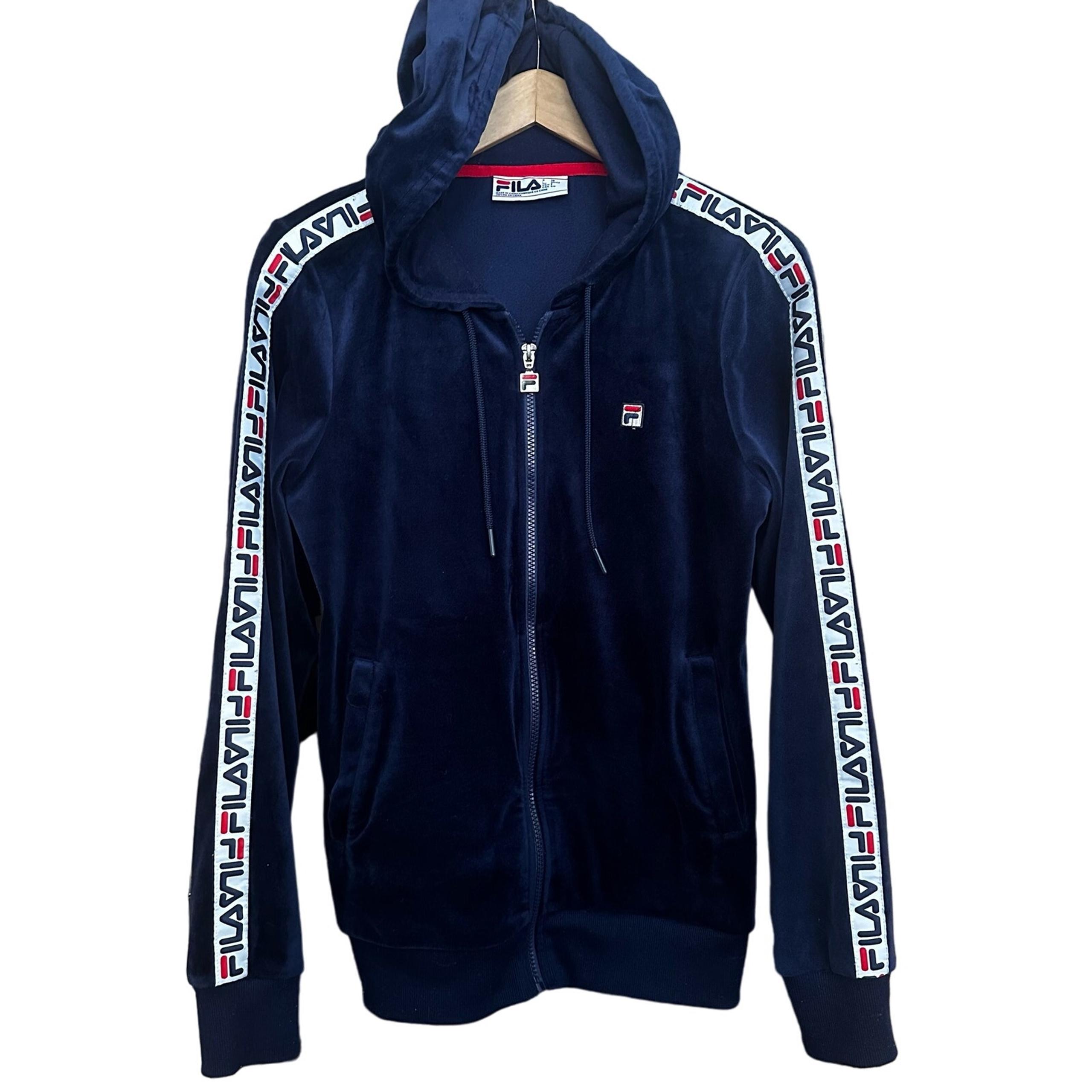 UNISEX Retro FILA Velour Track Men SZ S TOP CONDITION Hooded Navy Maureen Jacket
