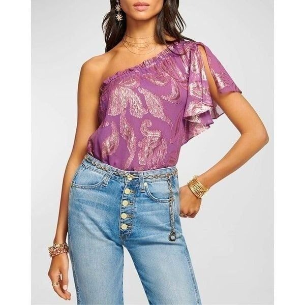 Ramy Brook Peach Ruffle One-shoulder Silk Blend Top In Purple Jacquard Womens Si