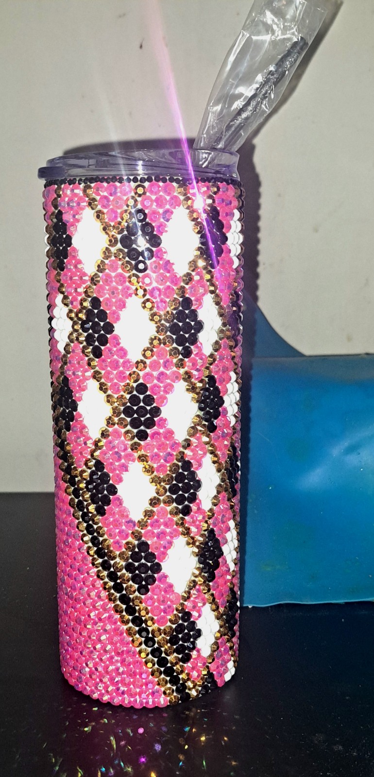 Pink Argyle Bling Tumbler