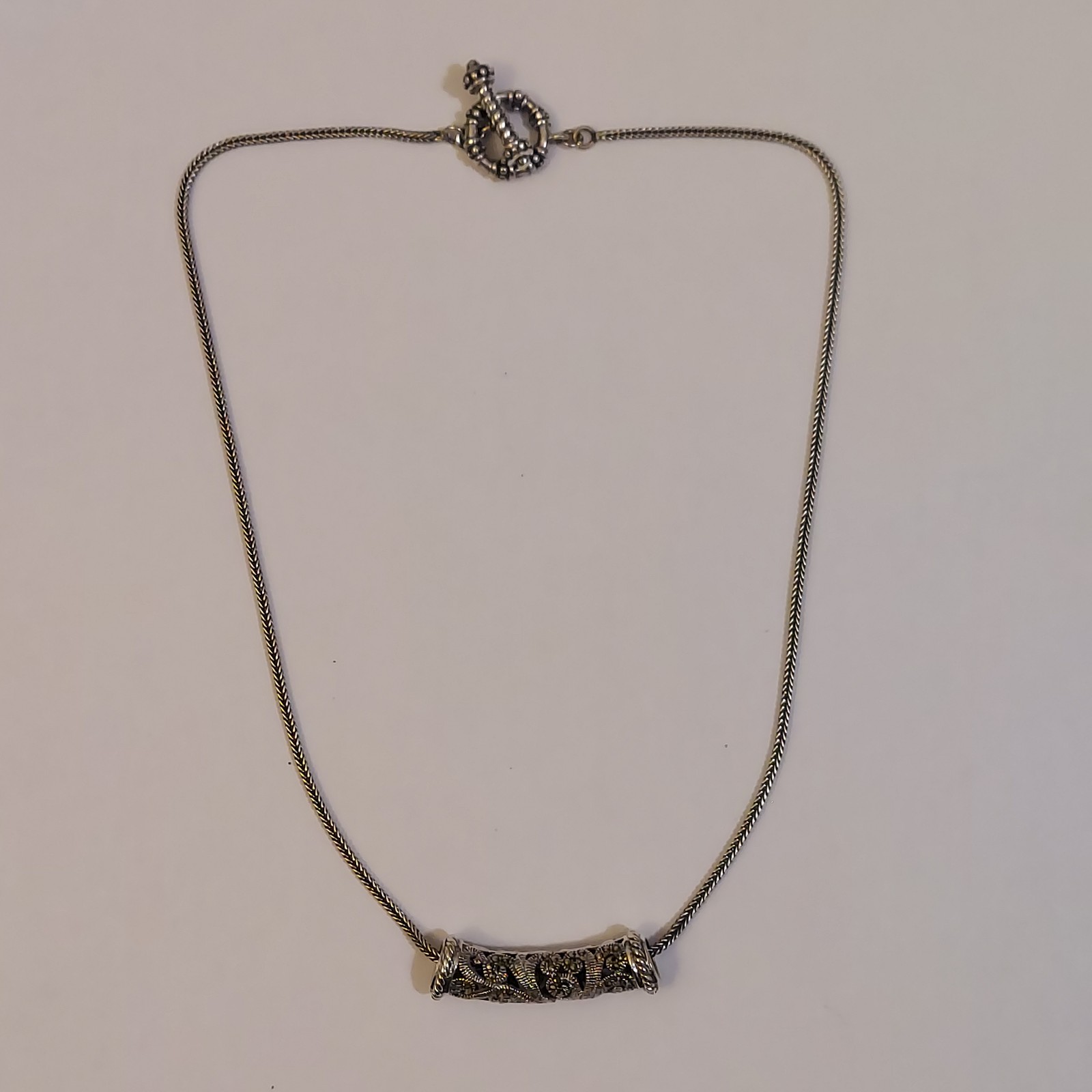 CFJ Sterling Silver Marcasite Filigree Tube Pendant Foxtail Chain Necklace