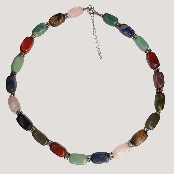 Multicolor Gemstone Beaded Necklace With Silver Accents Adjustable Chain