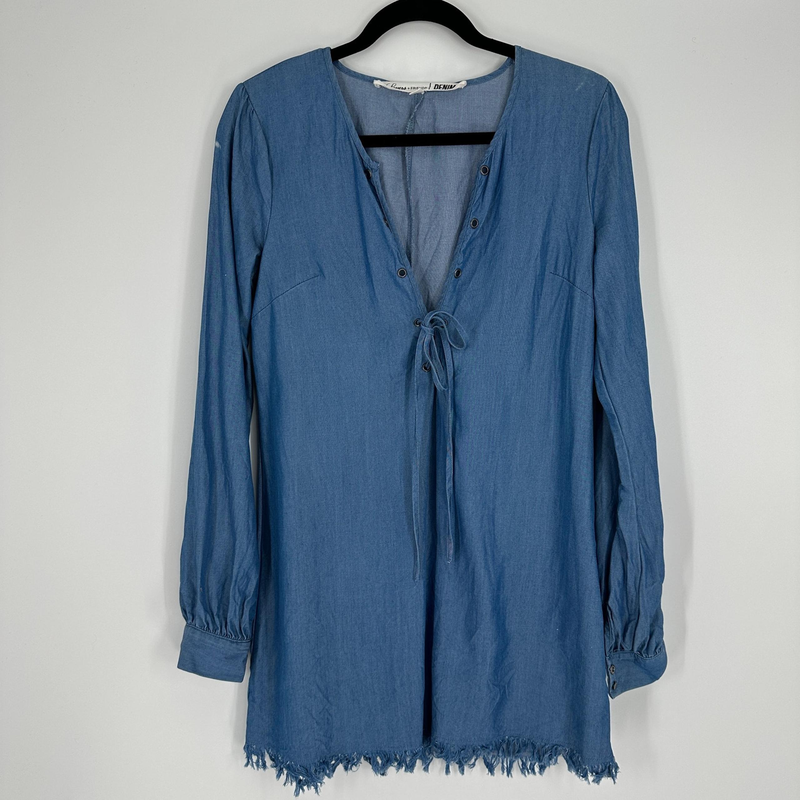 Lovers + Friends Denim Raw Hem Lace Up Dress Tencel Blue Womens Small