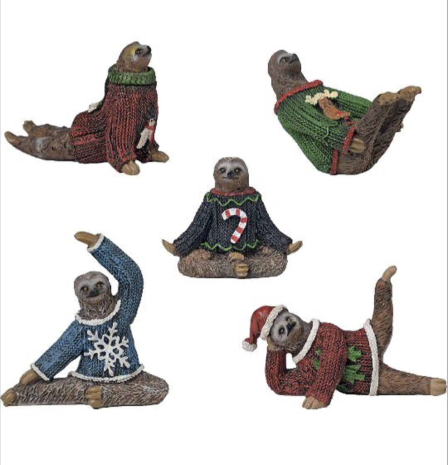 Yoga Sloth Figurines in Ugly Christmas Sweaters 3 - Polyresin Mini Statue