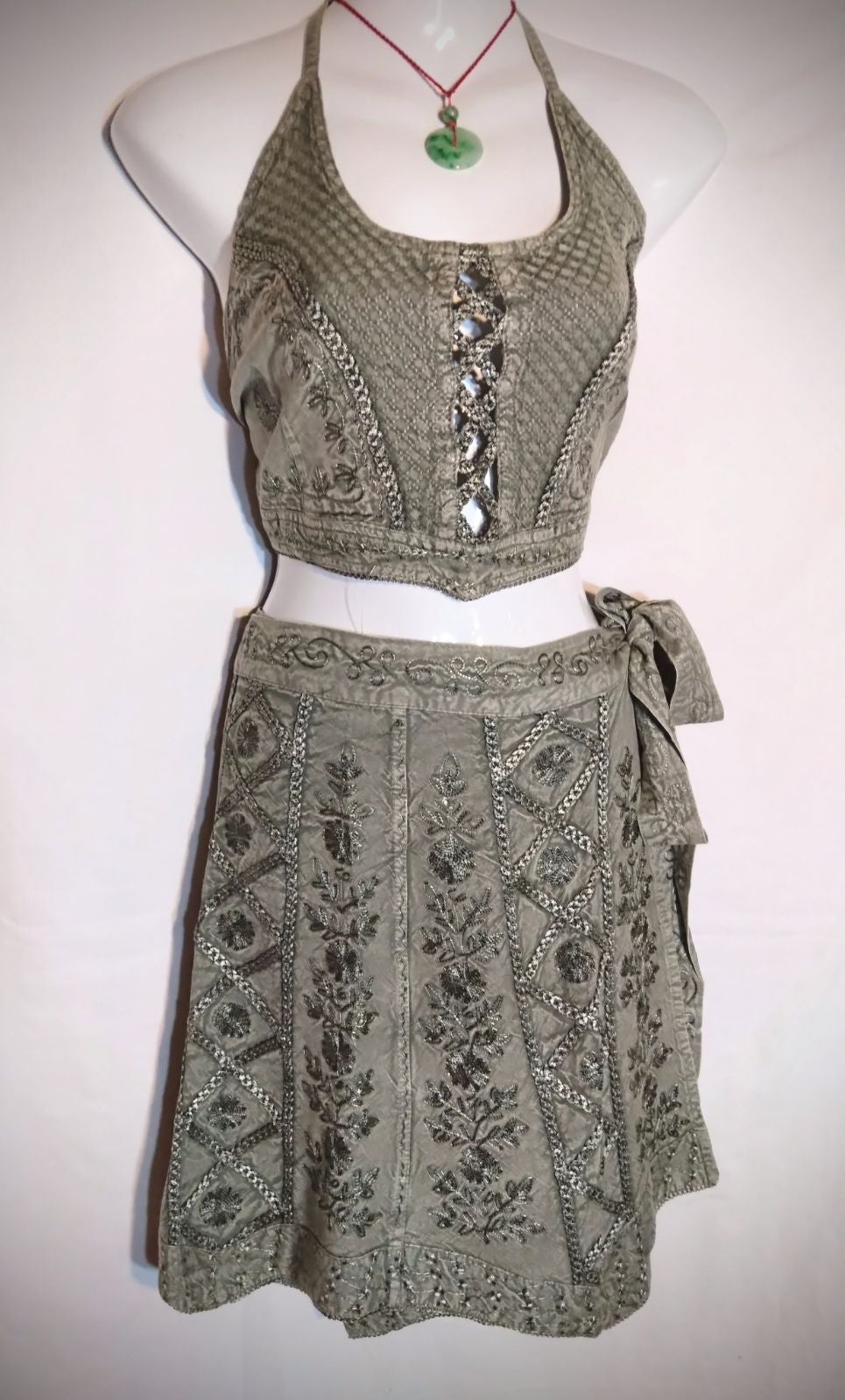 ❤ SMOKED GRAY TWO-PIECE CRISS-CROSS HOLLOW OUT HALTER TOP ASYMMETRICAL WRAP SKIR