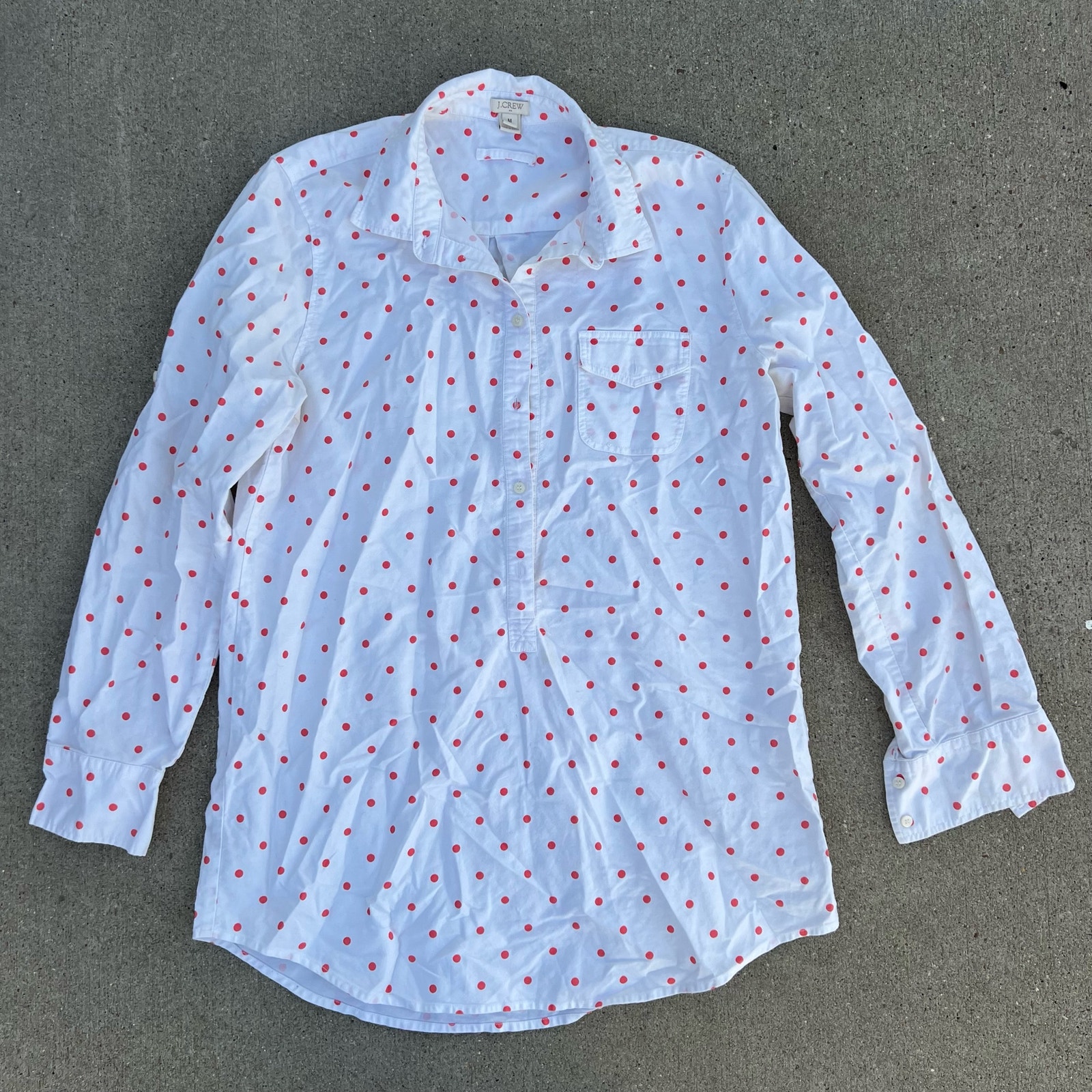 J.Crew Factory Dotted Oxford Pocket Tunic Cotton Roll Tab Sleeve MEDIUM