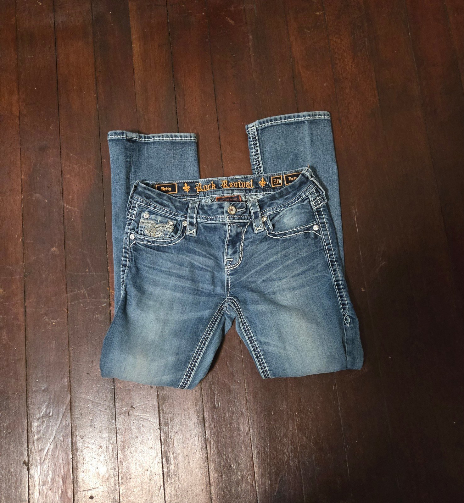 Rock Revival rhinestone bedazzled Betty easy boot cut low rise denim jeans