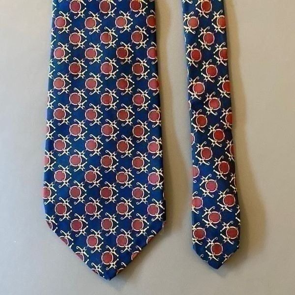 Burberrys Vintage Handmade Silk Necktie in Navy/Red/Gold Geometric Print.