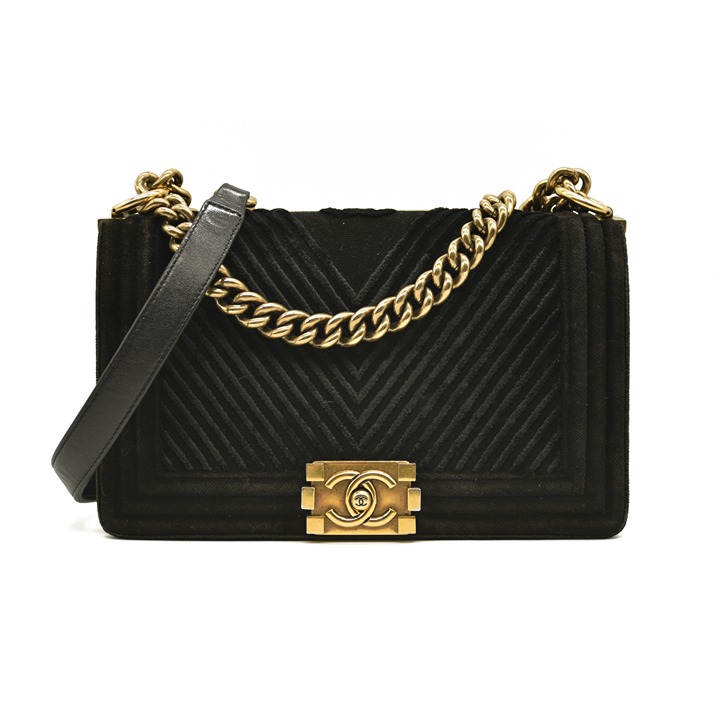 Chanel Velvet Chevron Quilted Medium Boy Flap Black