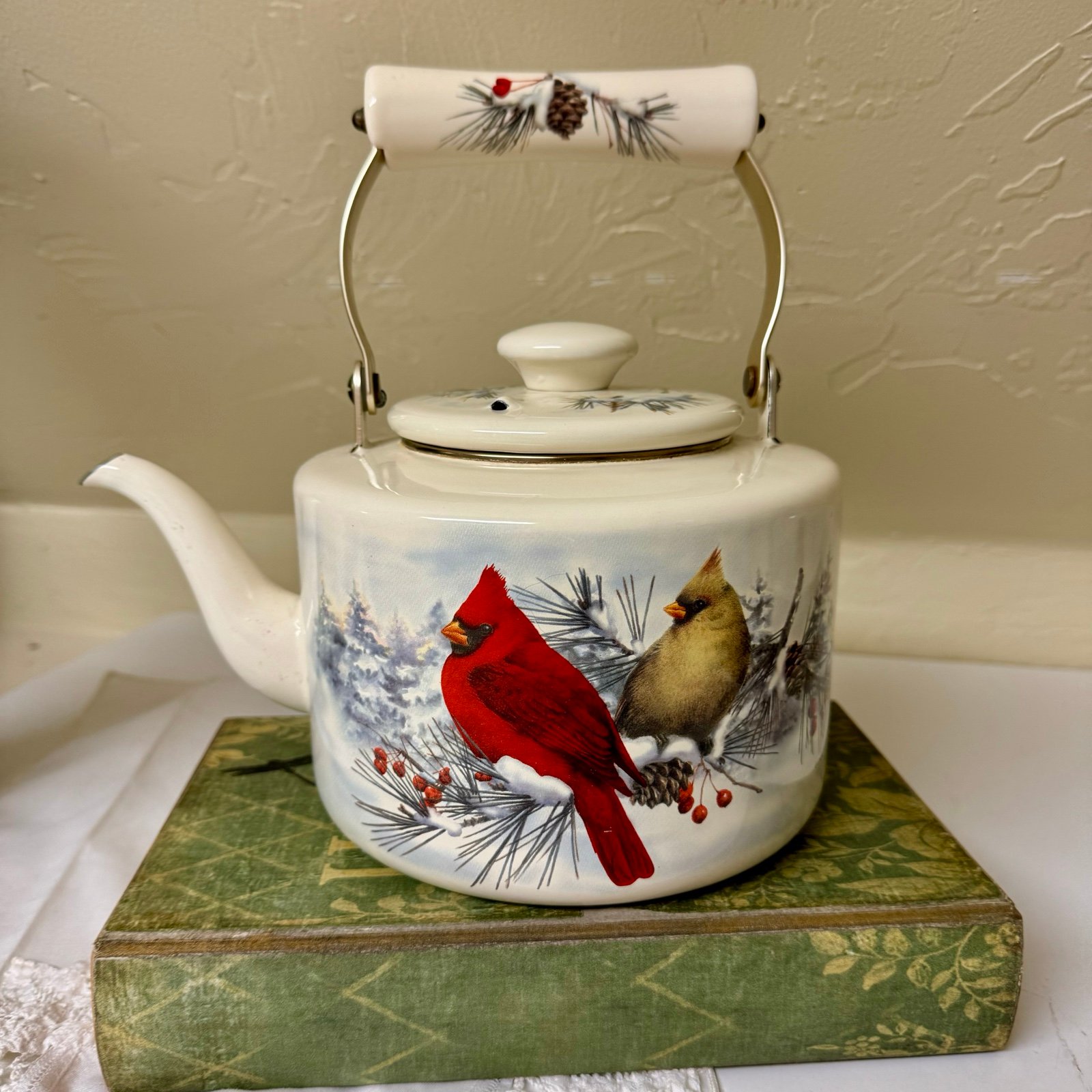 Lenox WINTER GREETINGS Enameled Metal Tea Kettle with Male & Female Cardinals