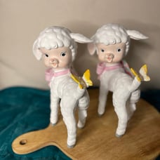 two Spring lamb with pink bow looking at butterflies 8in tall