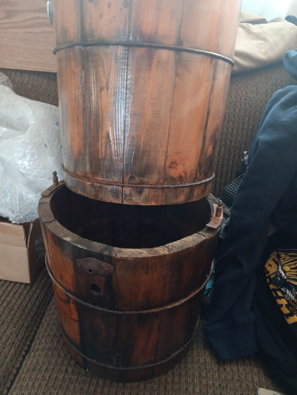 2 Vintage Ice Buckets very old. Wood is in great condition and no rotting.