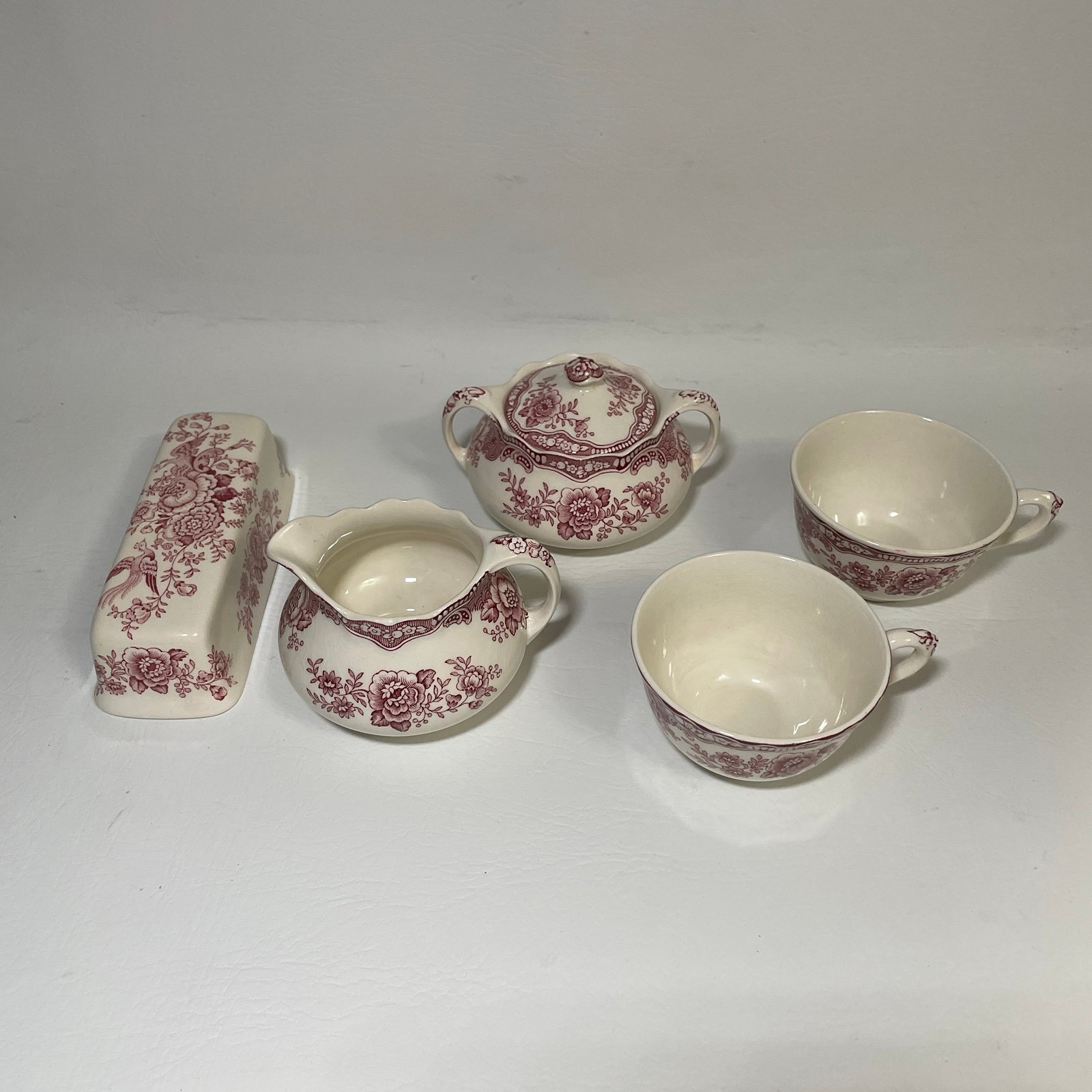 Royal Ducal Bristol Pink Teacups, Creamer, Sugar, Butter Dish Top
