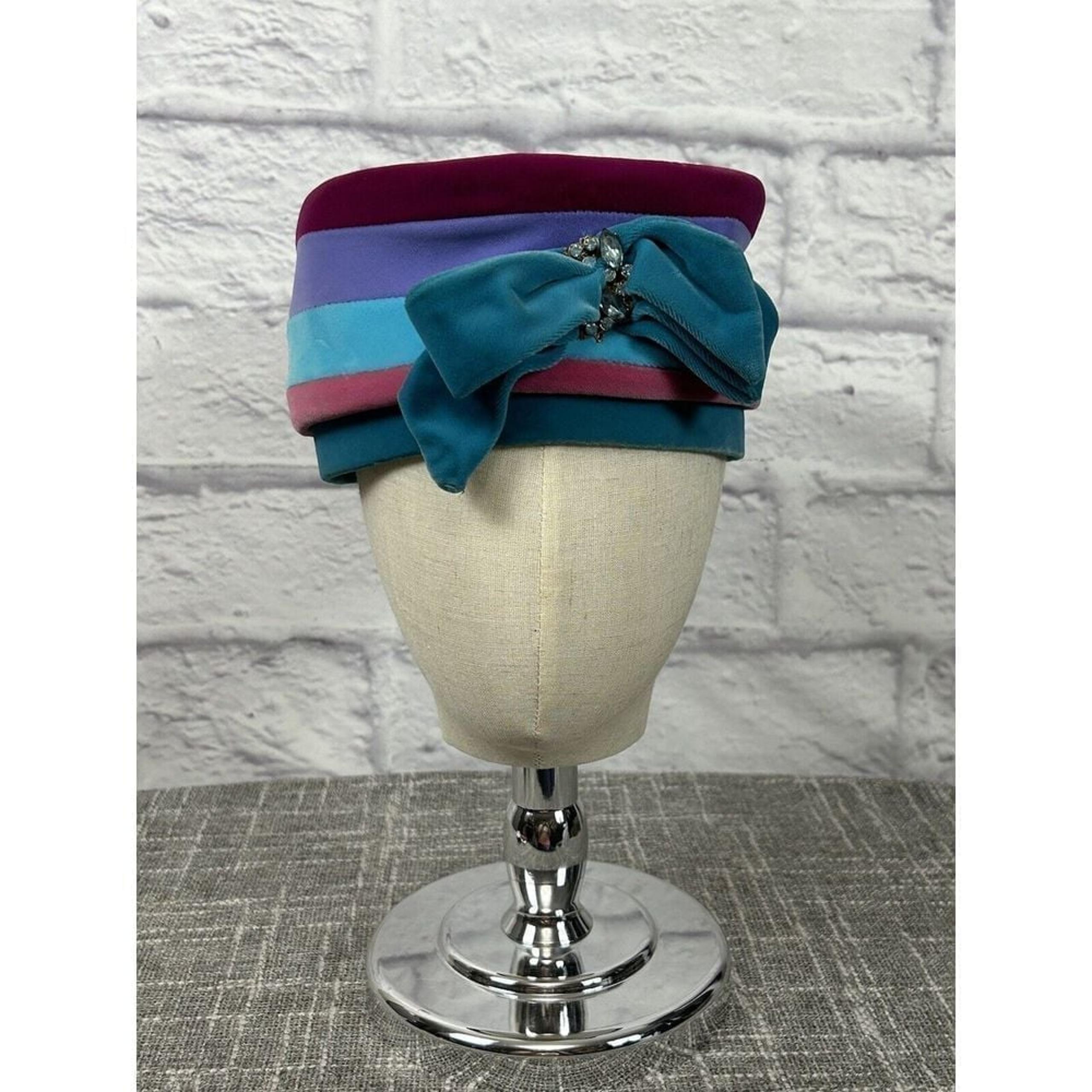 Gene Doris Vintage Hat Union Made USA Tiered Teal Pink Rhinestones Purple Velour