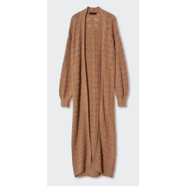Mango Openwork Long Cardigan Size M in Medium Brown