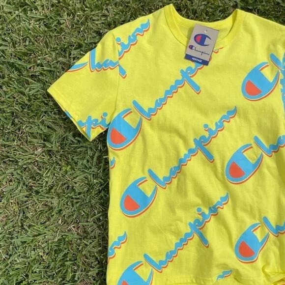 Champion Men Yellow AOP Size Medium Logo sale T Shirt