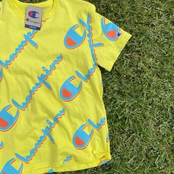 Champion Men Yellow AOP Size Medium Logo sale T Shirt