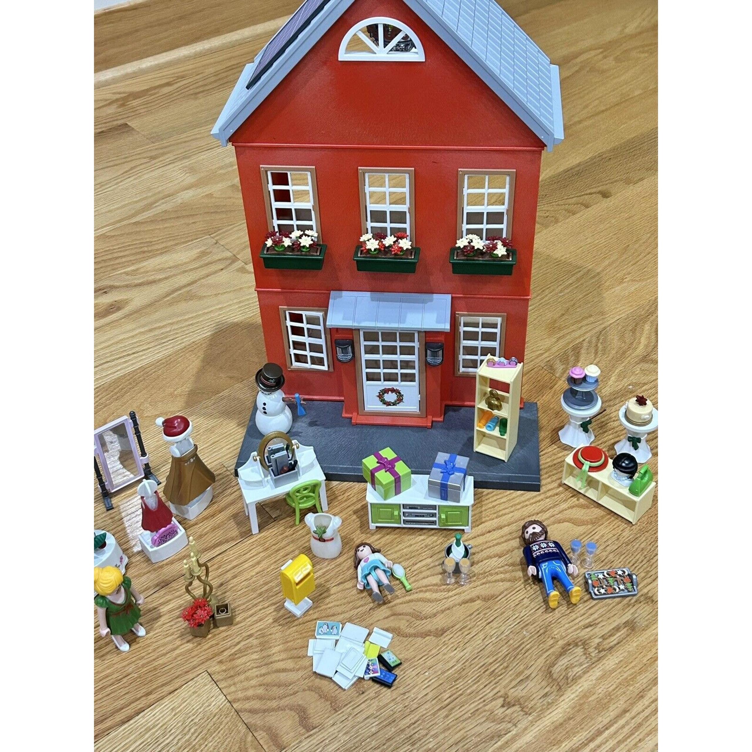 Playmobil Miniature Red 2-Story Christmas Dollhouse House 70383 W/Advent Acc’s